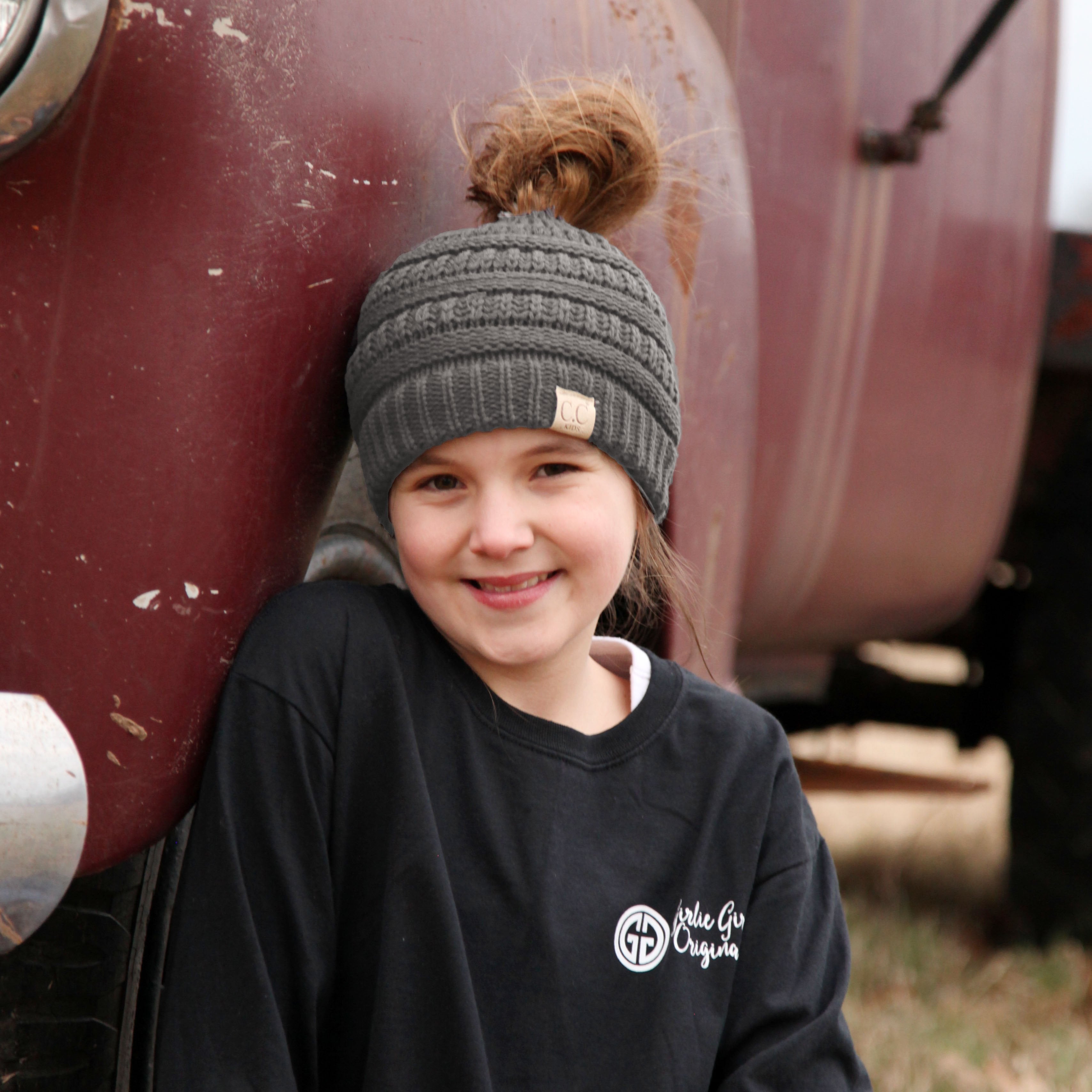 MB-847-KID Light Melange Grey Messy Bun Beanie