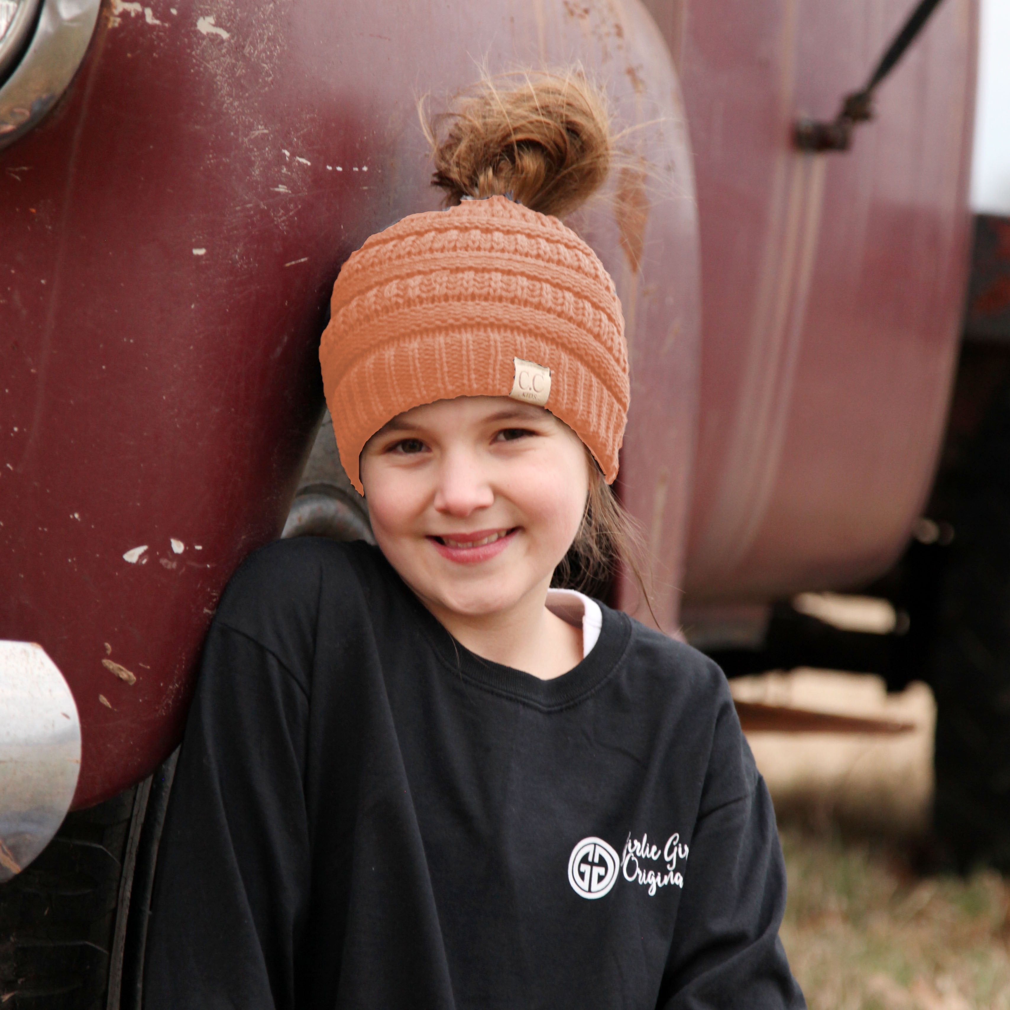 MB-847-KID Peach Messy Bun Beanie