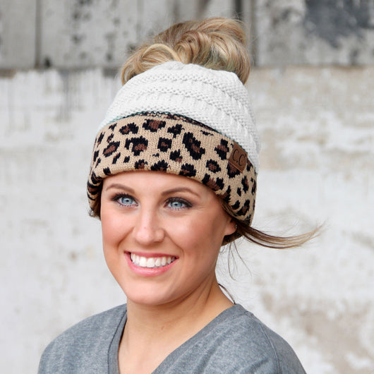 MB-45 MESSY BUN LEOPARD BEANIE IVORY