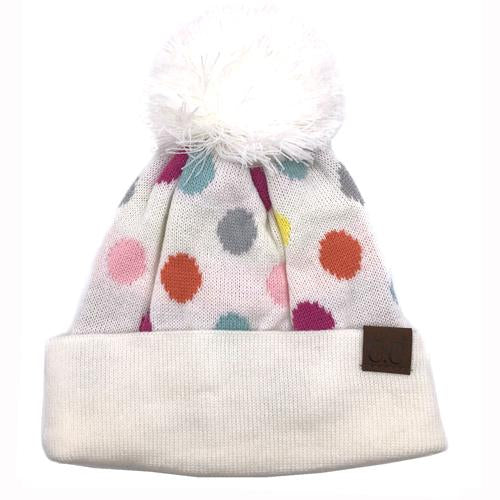 PD-22 Beanie with Pom Ivory Multi Dot