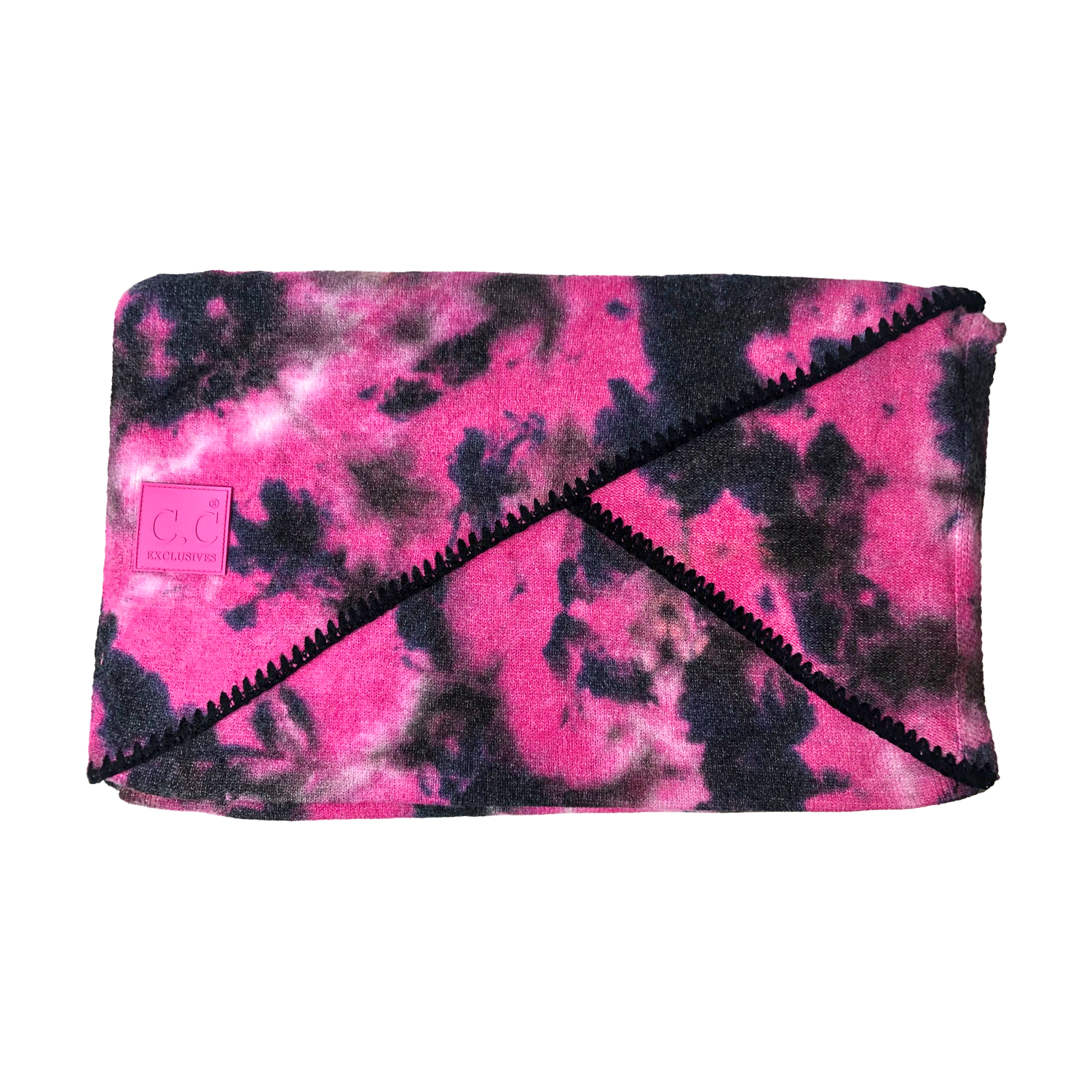 SF-7380 Tie Dye Scarf with C.C Rubber Patch - Black/Hot Pink