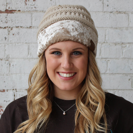 Hat-89 Beige with Crushed Velvet Trim